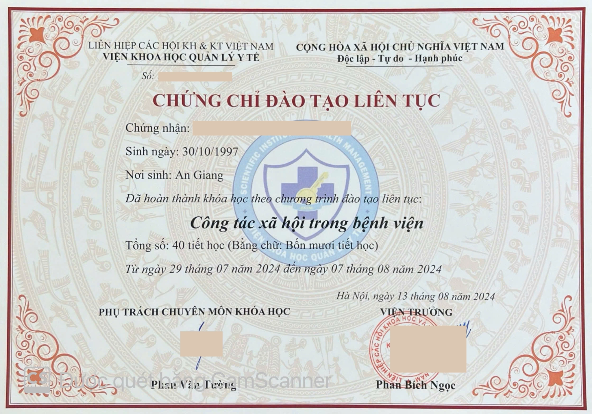 Mẫu chứng chỉ "Công tác xã hội trong bệnh viện"
