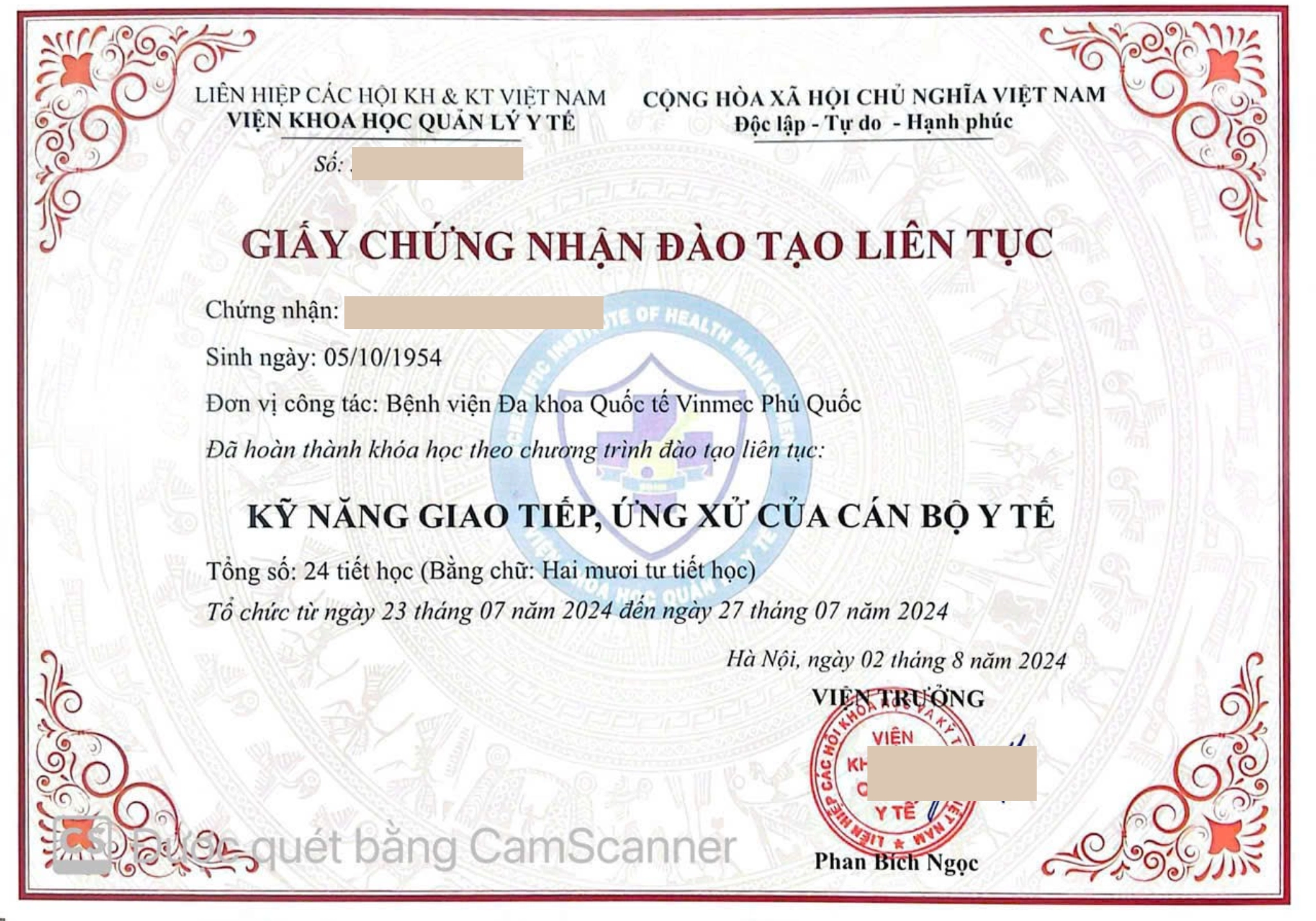 Mẫu chứng chỉ "Kỹ năng giao tiếp, ứng xử của cán bộ y tế"