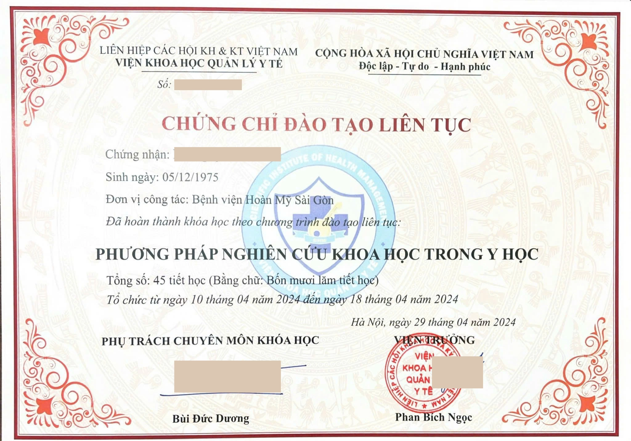 Mẫu chứng chỉ "Phương pháo nghiên cứu khoa học trong y học"