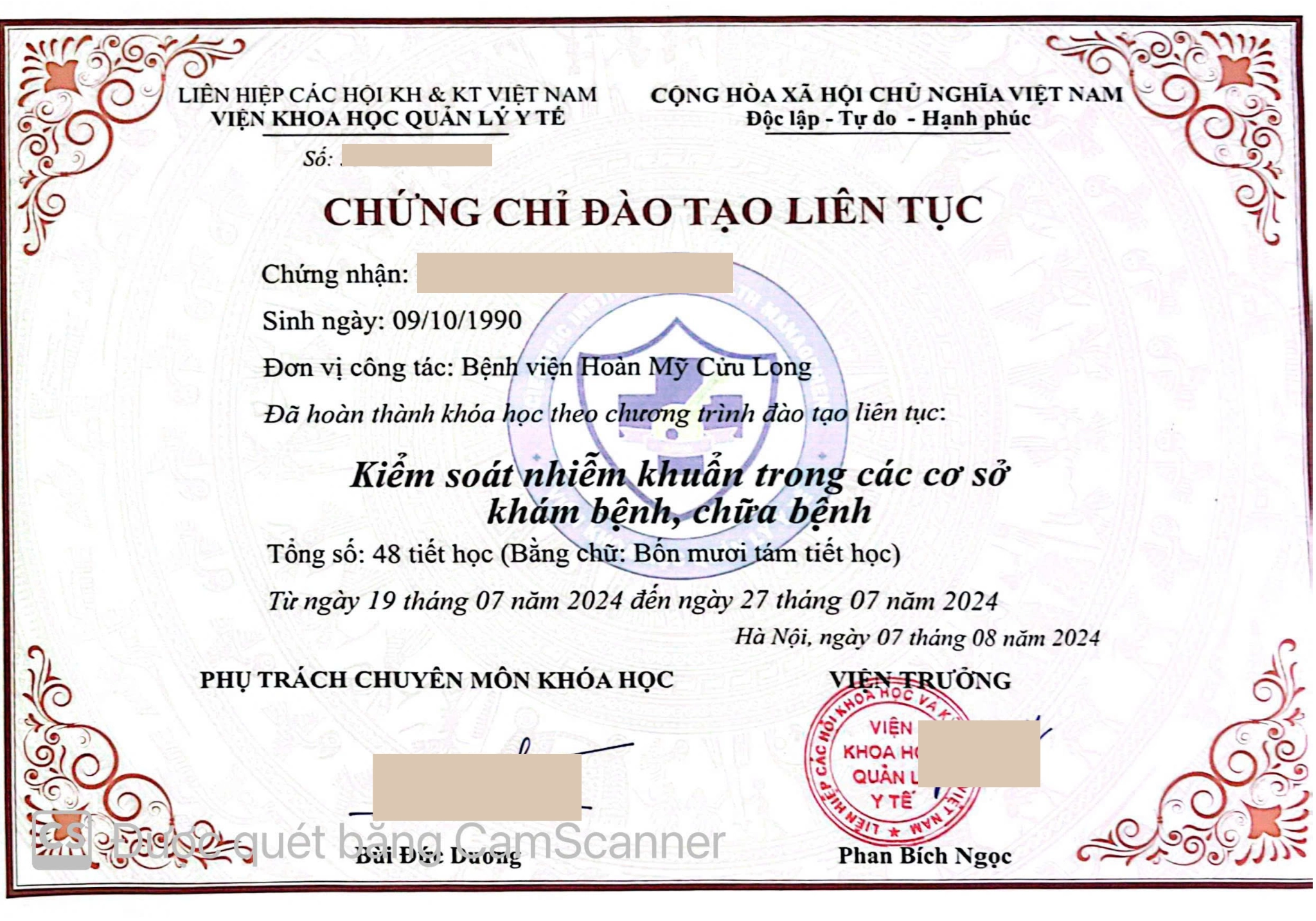 Mẫu chứng chỉ "Kiểm soát nhiễm khuẩn trong các cơ sở khám bệnh, chữa bệnh"