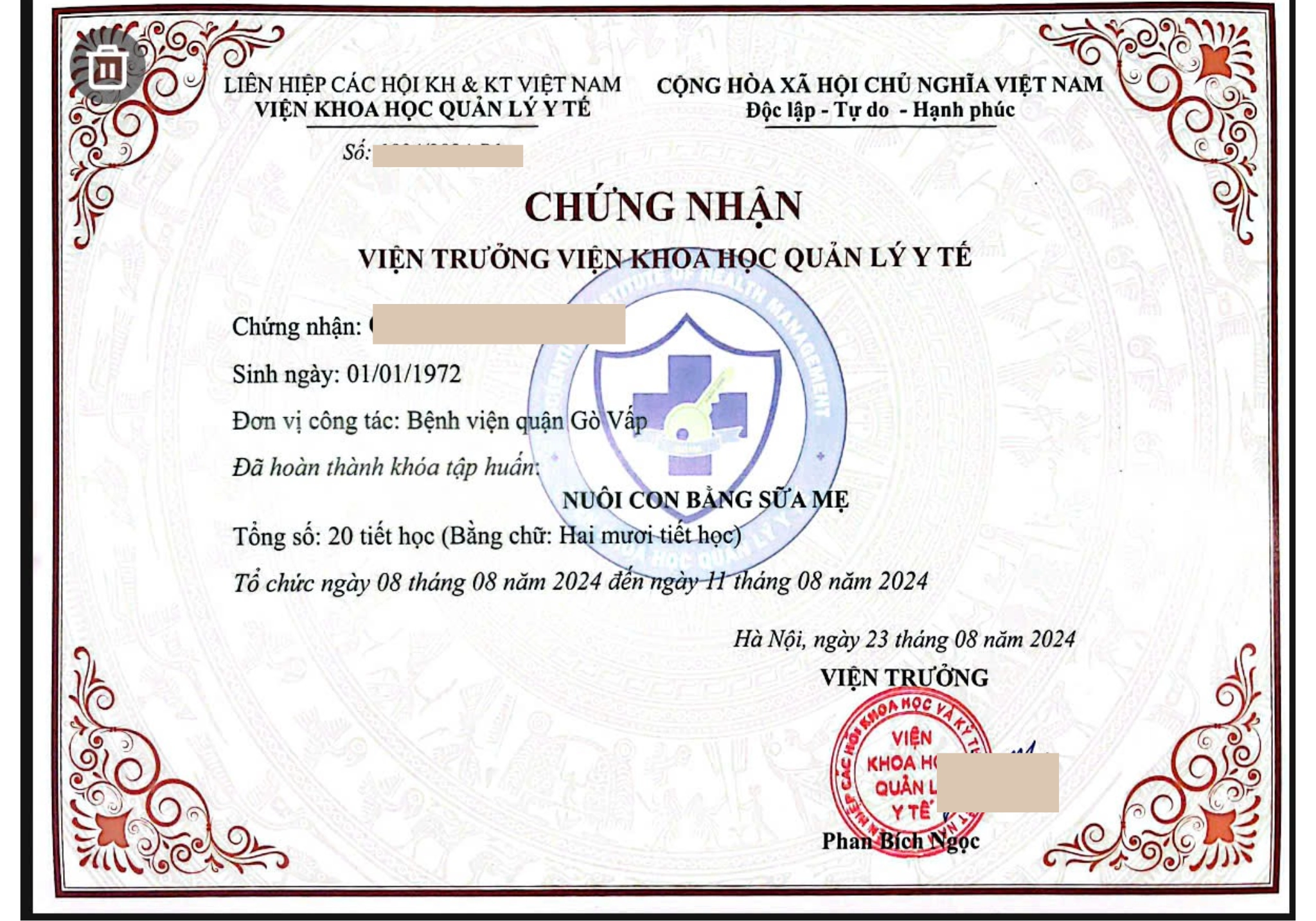 Mẫu chứng chỉ "Nuôi con bằng sữa mẹ"