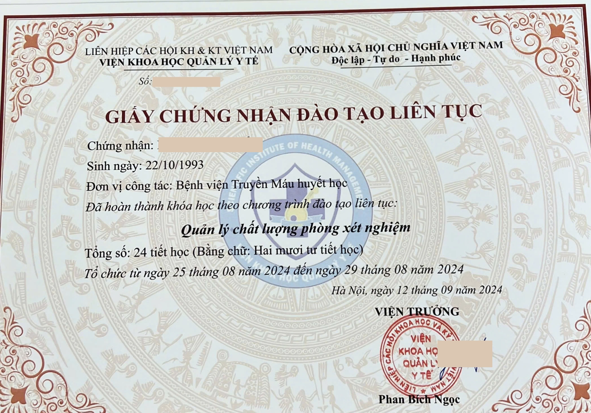 Mẫu chứng chỉ "Quản lý chất lượng phòng xét nghiệm"
