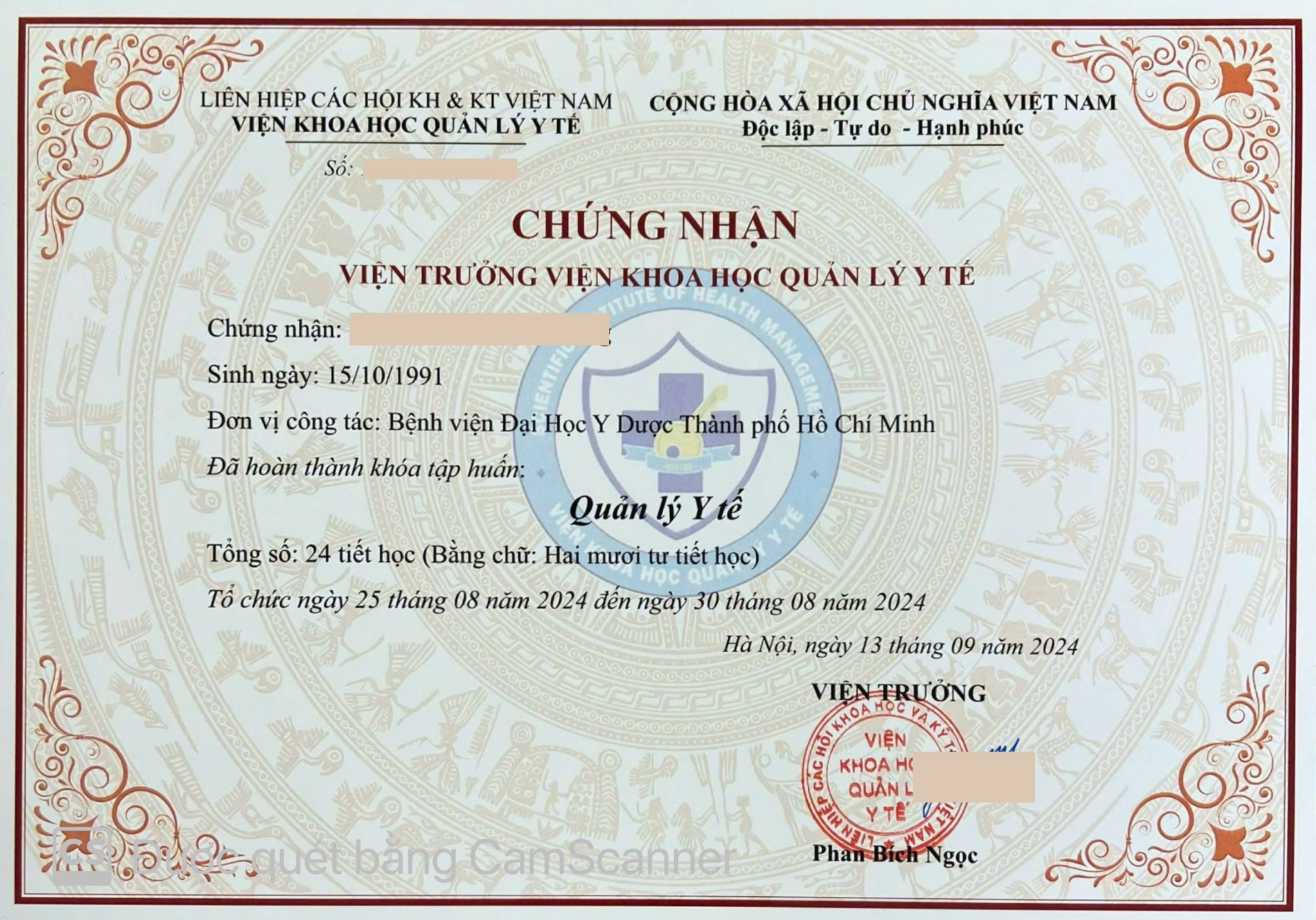 Mẫu chứng chỉ "Quản lý y tế"