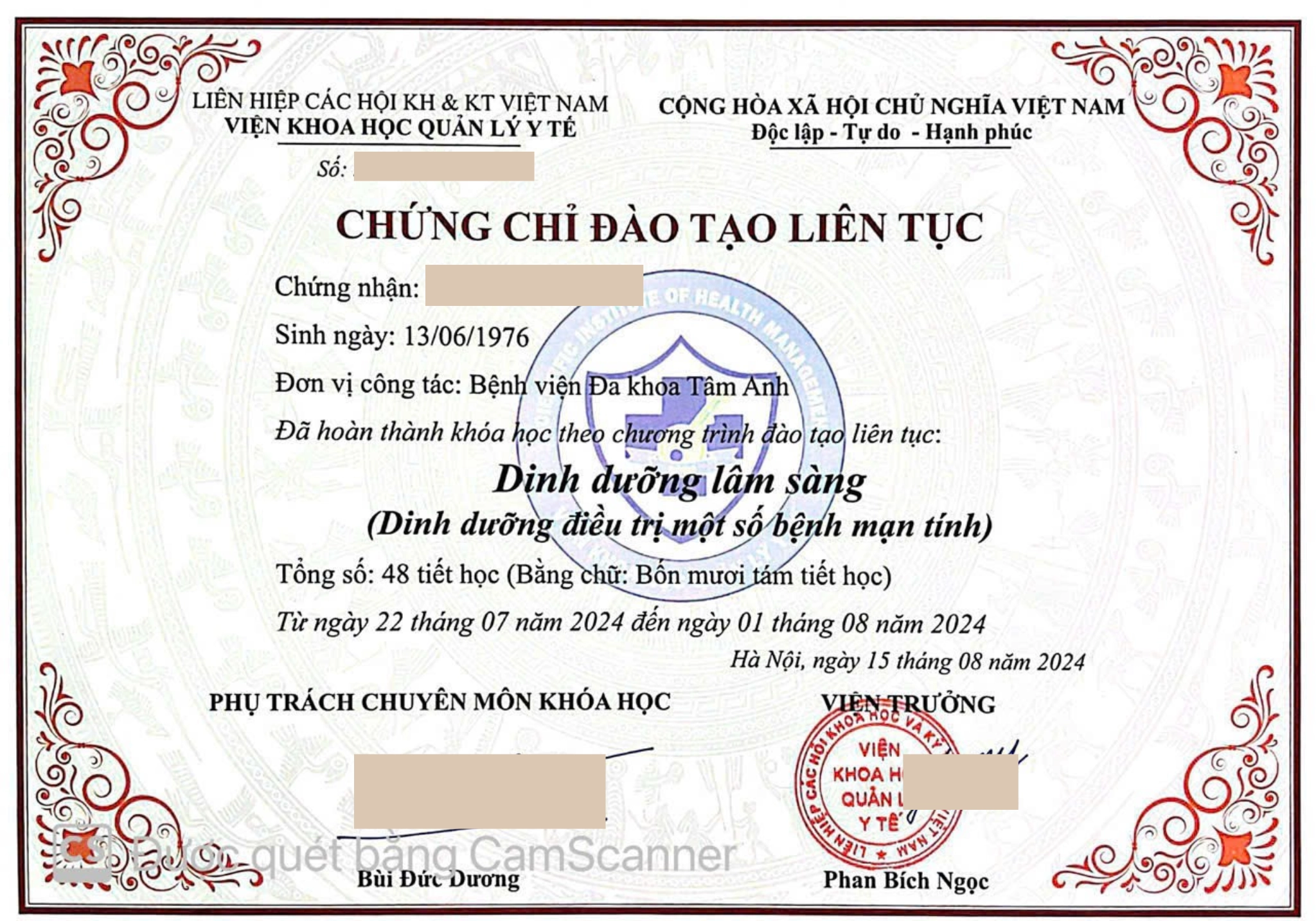 Mẫu chứng chỉ "Quản lý dinh dưỡng tiết chế"