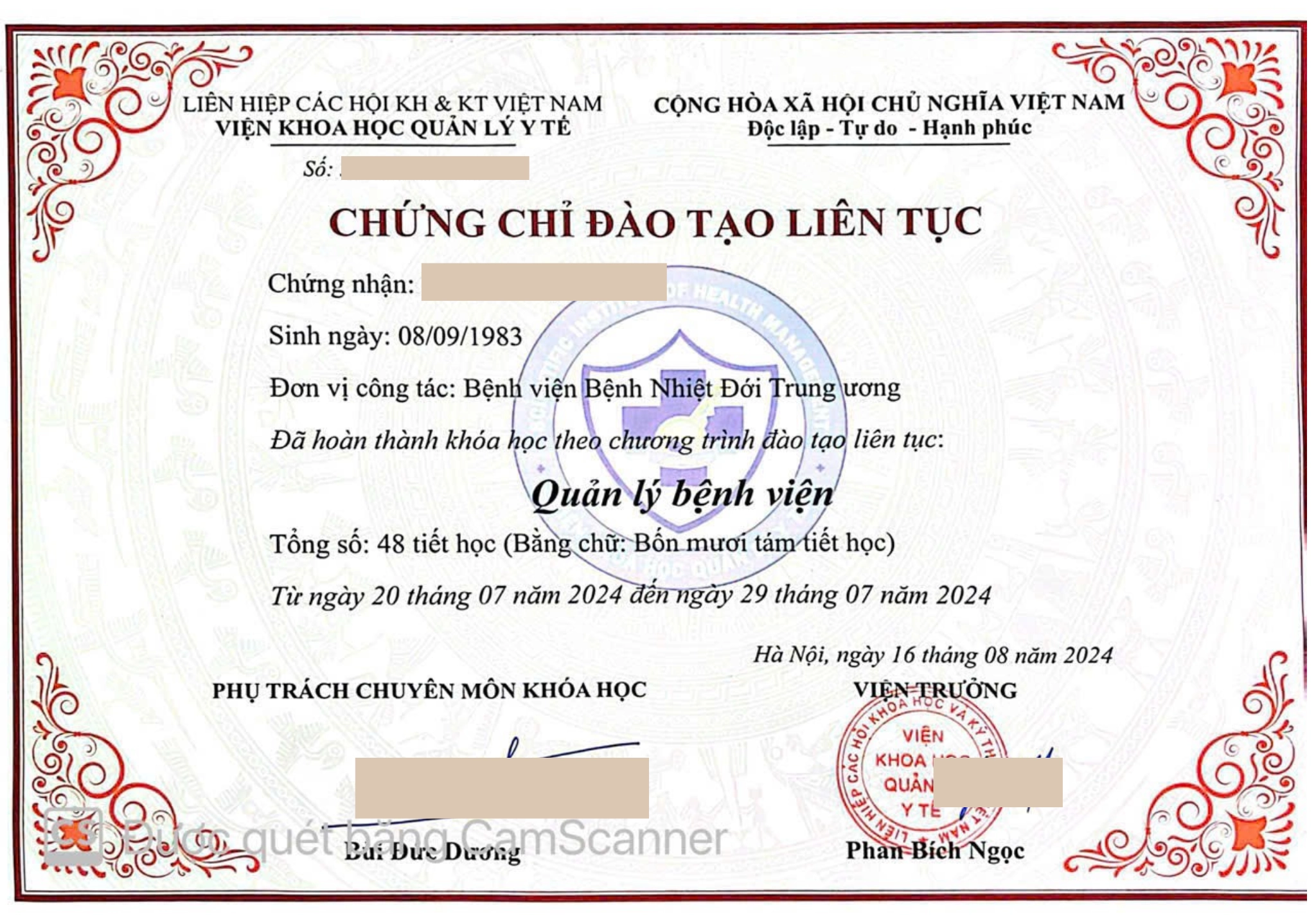 Mẫu chứng chỉ "Quản lý bệnh viện"