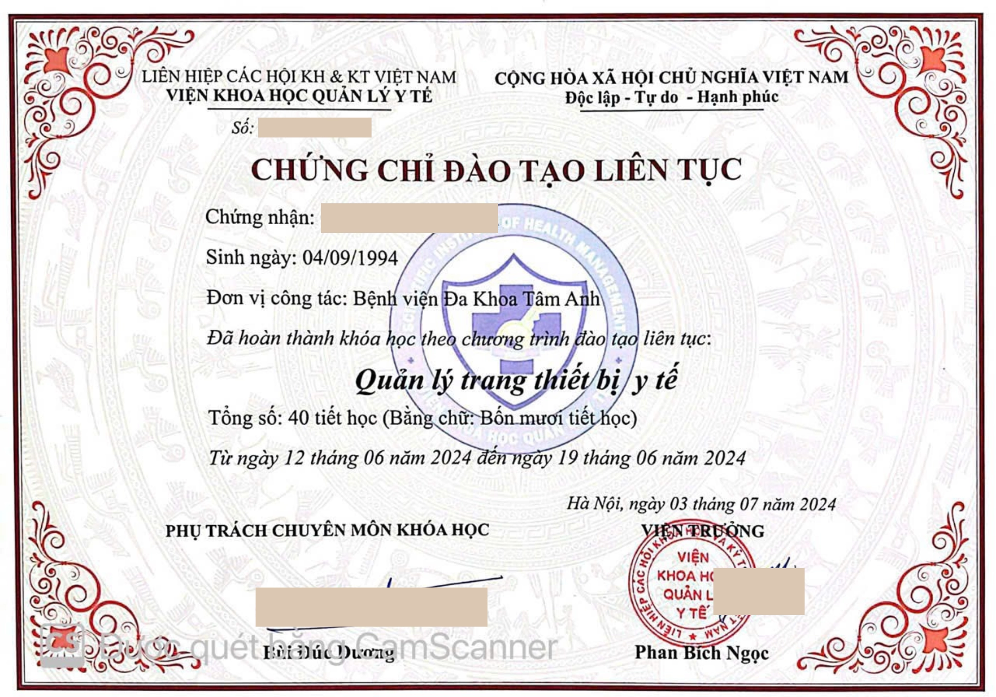 Mẫu chứng chỉ "Quản lý thiết bị y tế"