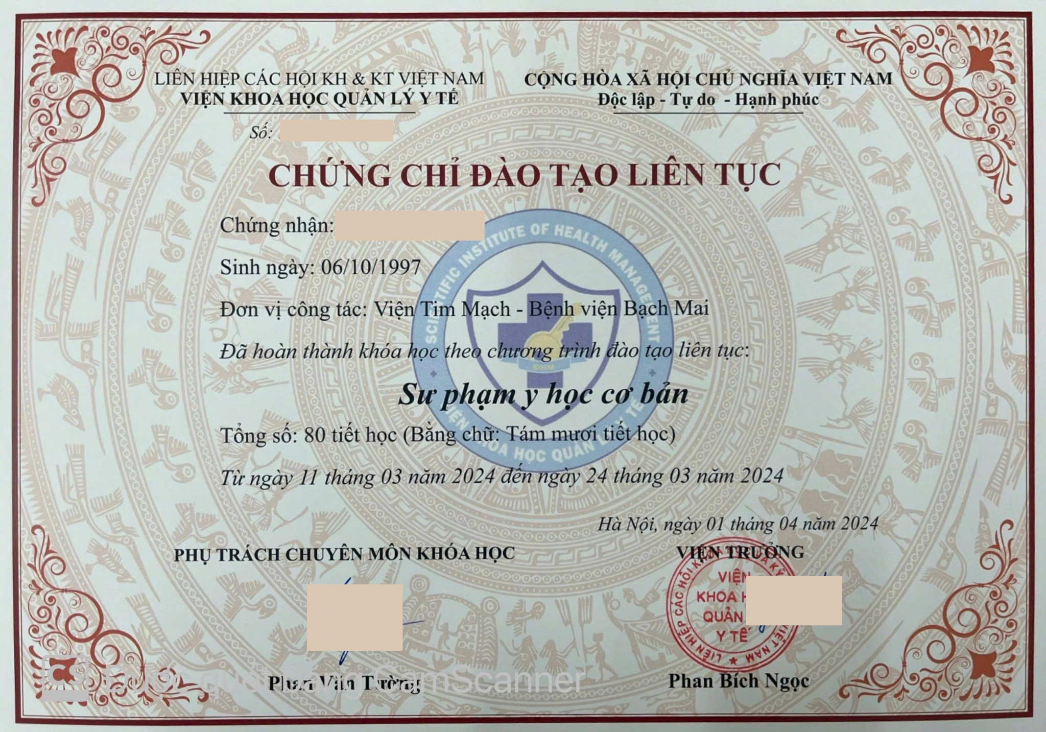 Mẫu chứng chỉ Sư phạm y học cơ bản