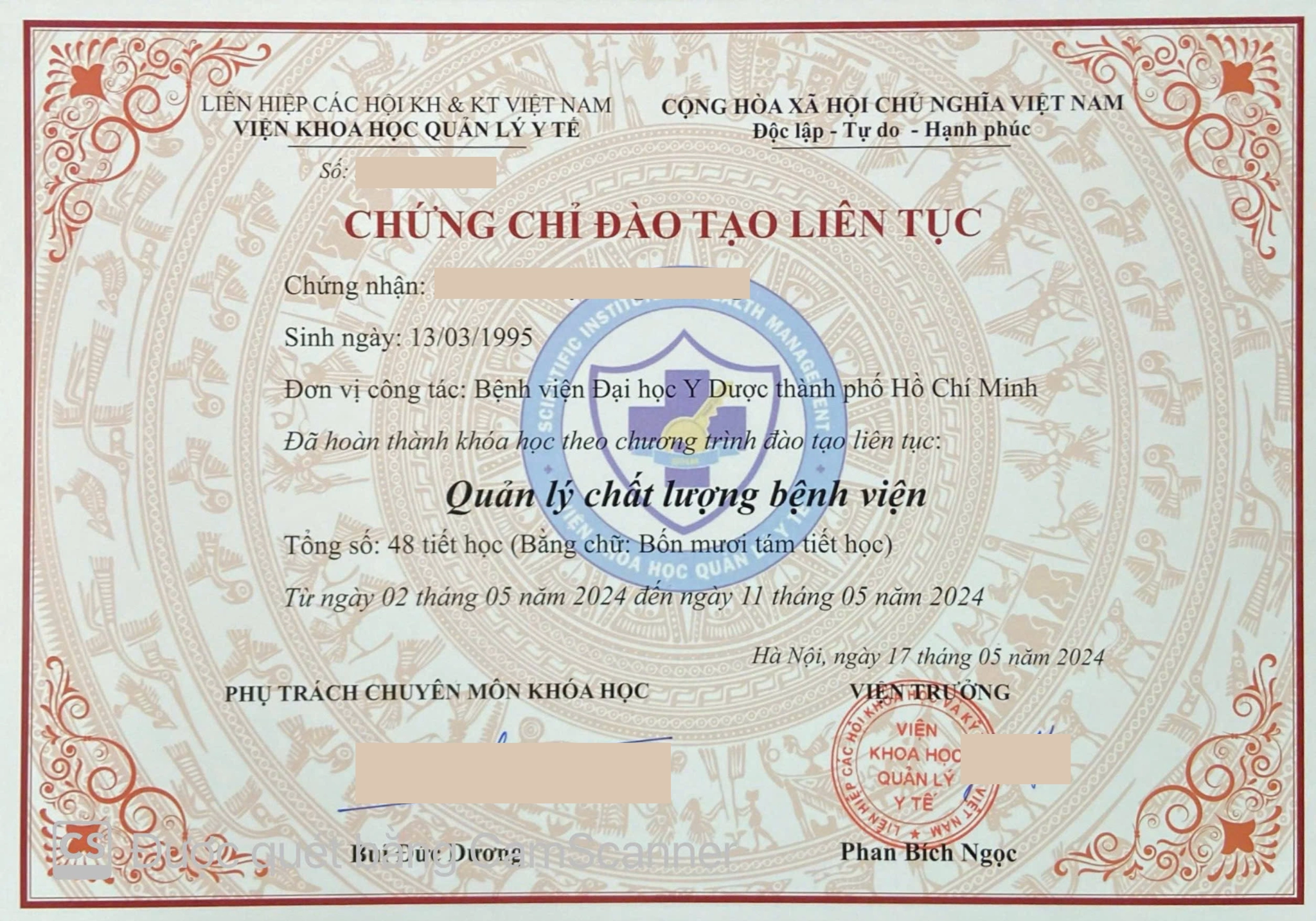 Quản lý chất lượng bệnh viện - mẫu chứng chỉ