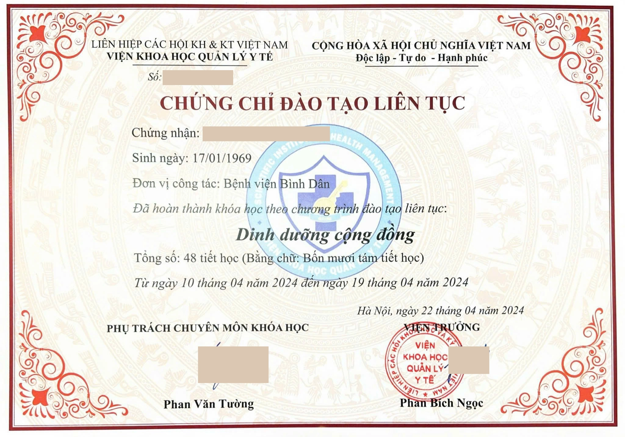 Mẫu chứng chỉ "Dinh dưỡng cộng đồng"