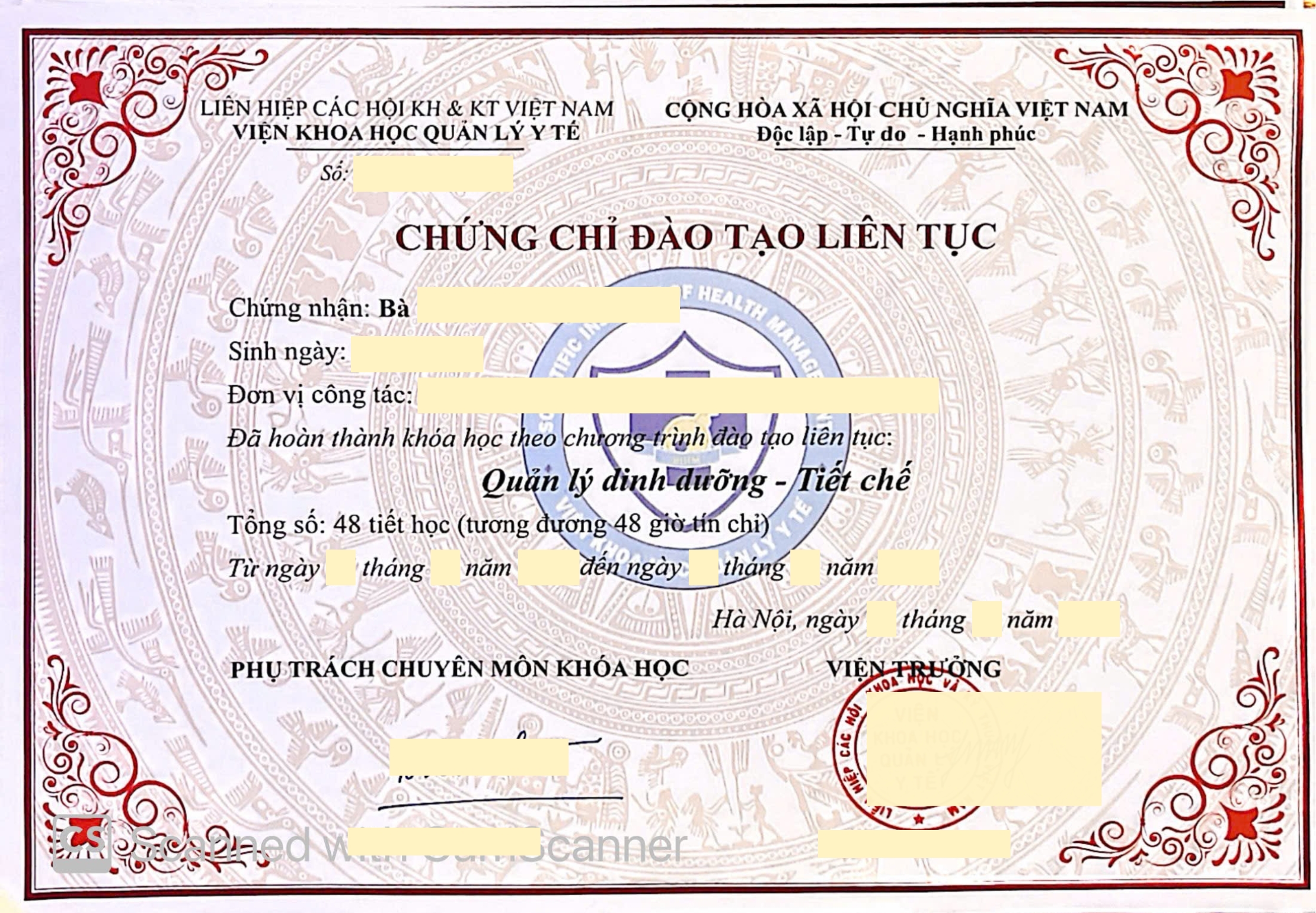 Mẫu chứng chỉ: Quản lý dinh dưỡng - Tiết chế