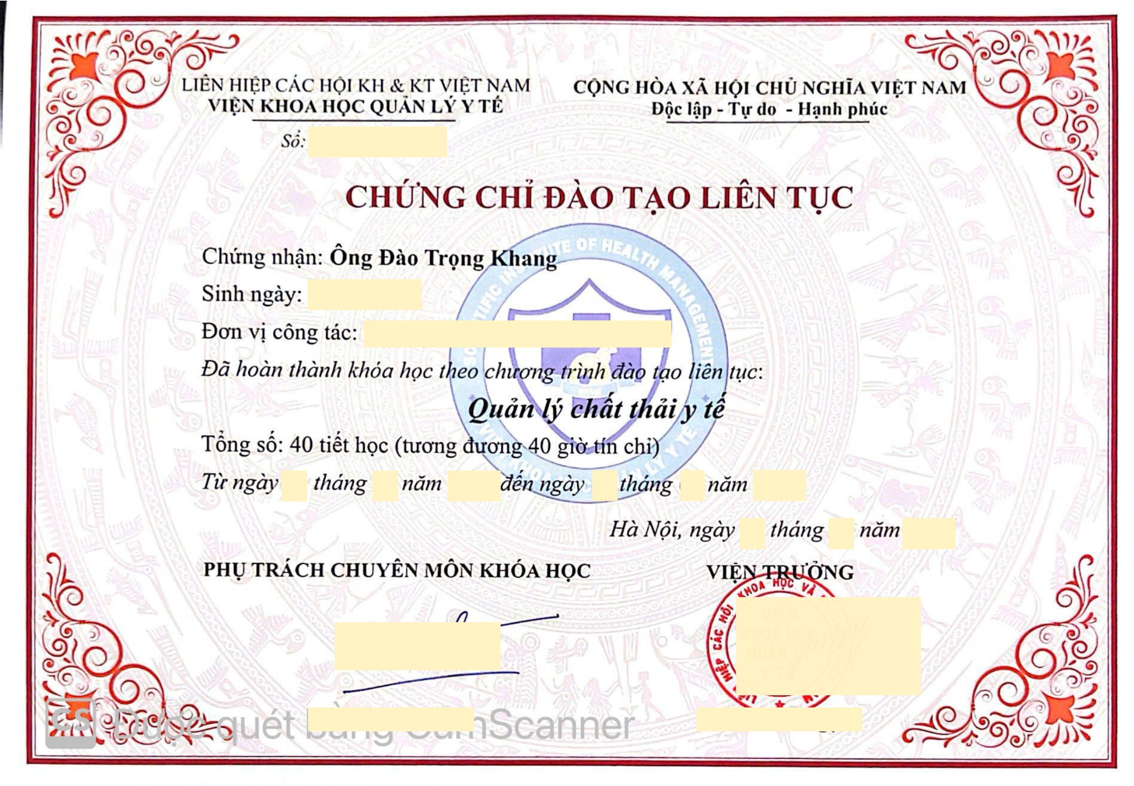 Mẫu chứng chỉ: Quản lý chất thải y tế