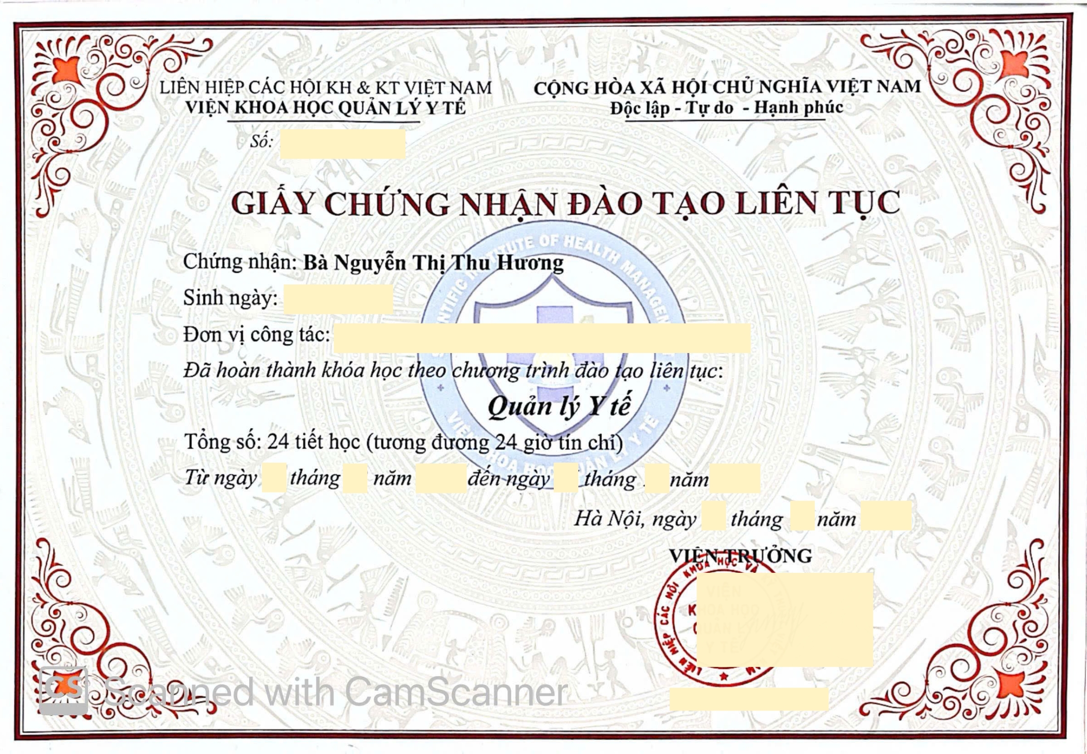 Chứng chỉ Quản Lý Y Tế - CME 24 Tiết