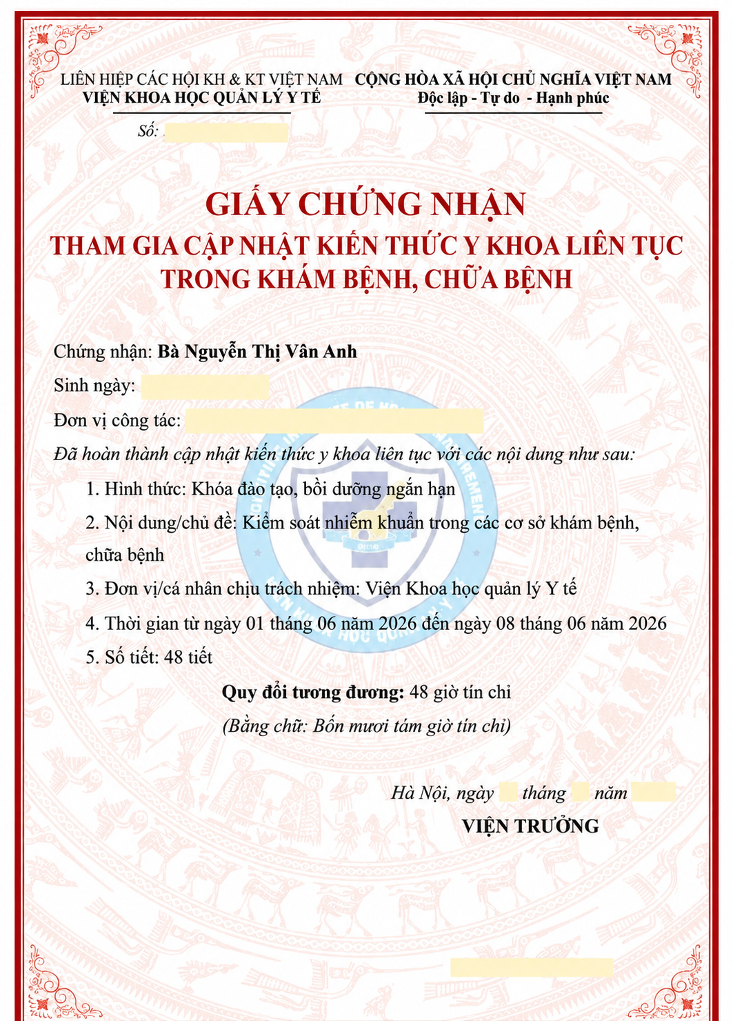 Chứng chỉ Kiểm soát nhiễm khuẩn - CME 48 Tiết