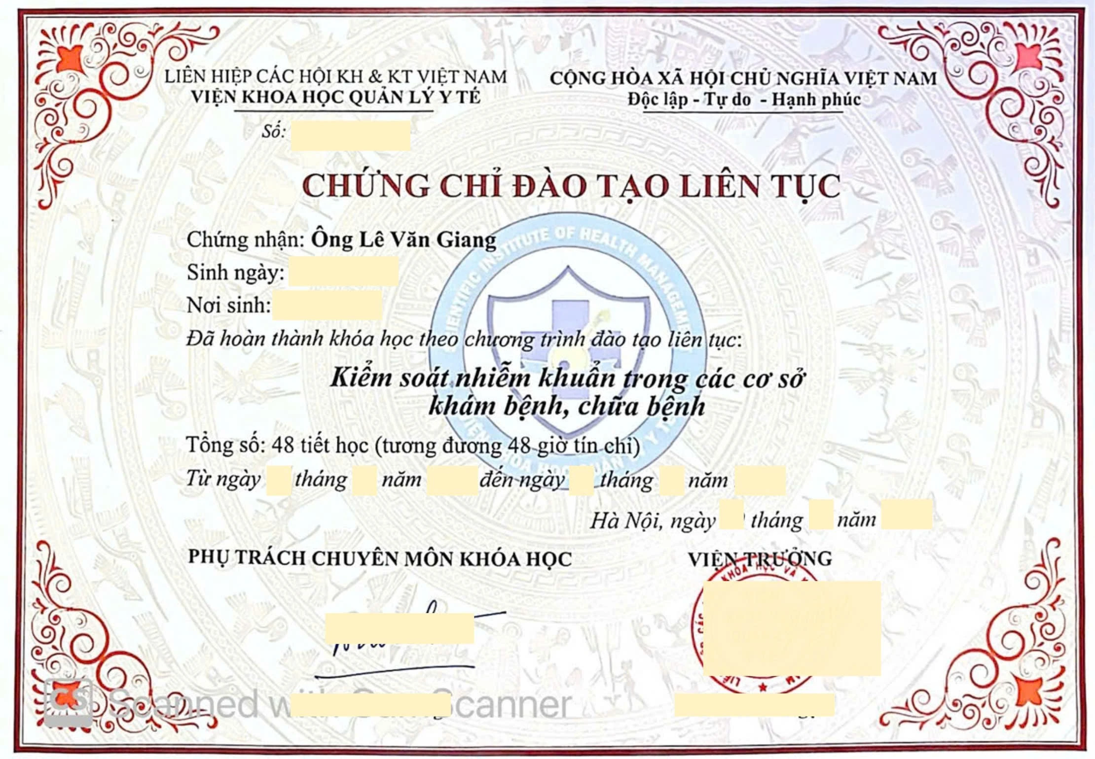 Chứng chỉ "Kiểm soát nhiễm khuẩn trong các cơ sở khám bệnh, chữa bệnh - CME 48 Tiết"