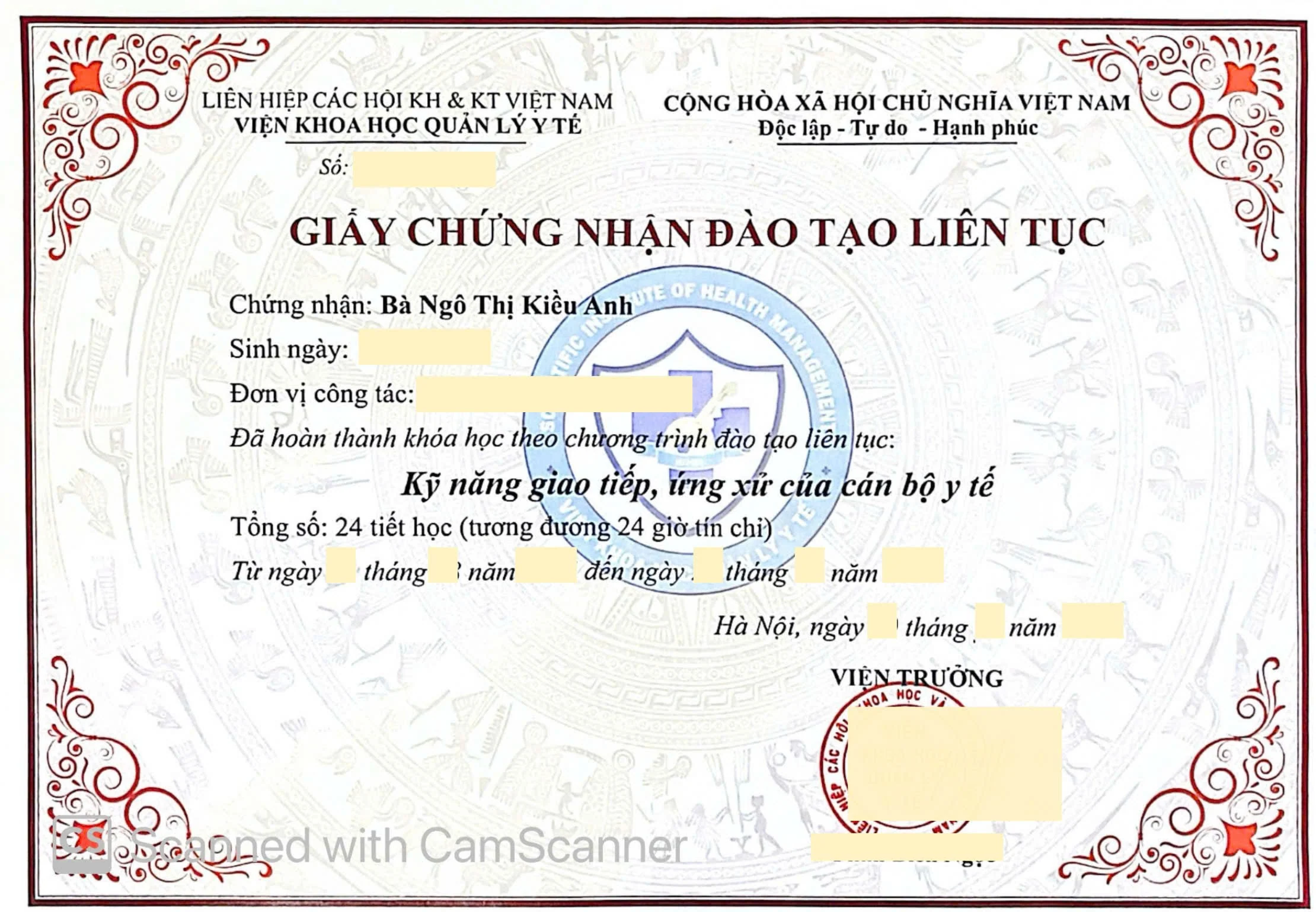 Chứng nhận "Kỹ năng giao tiếp, ứng xử của cán bộ y tế - CME 24 Tiết"