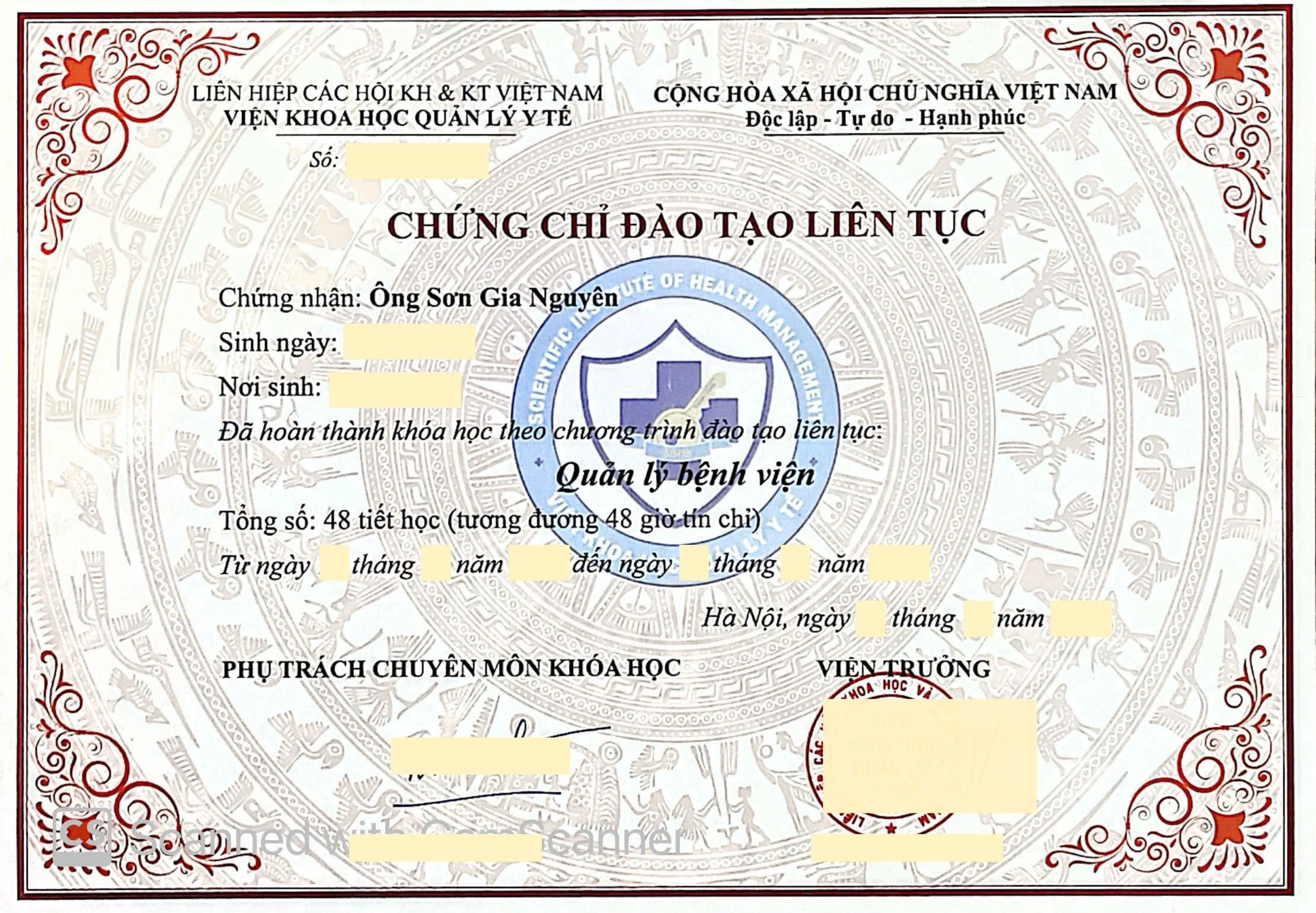 Chứng chỉ khóa đào tạo Quản lý bệnh viện - CME 48 Tiết