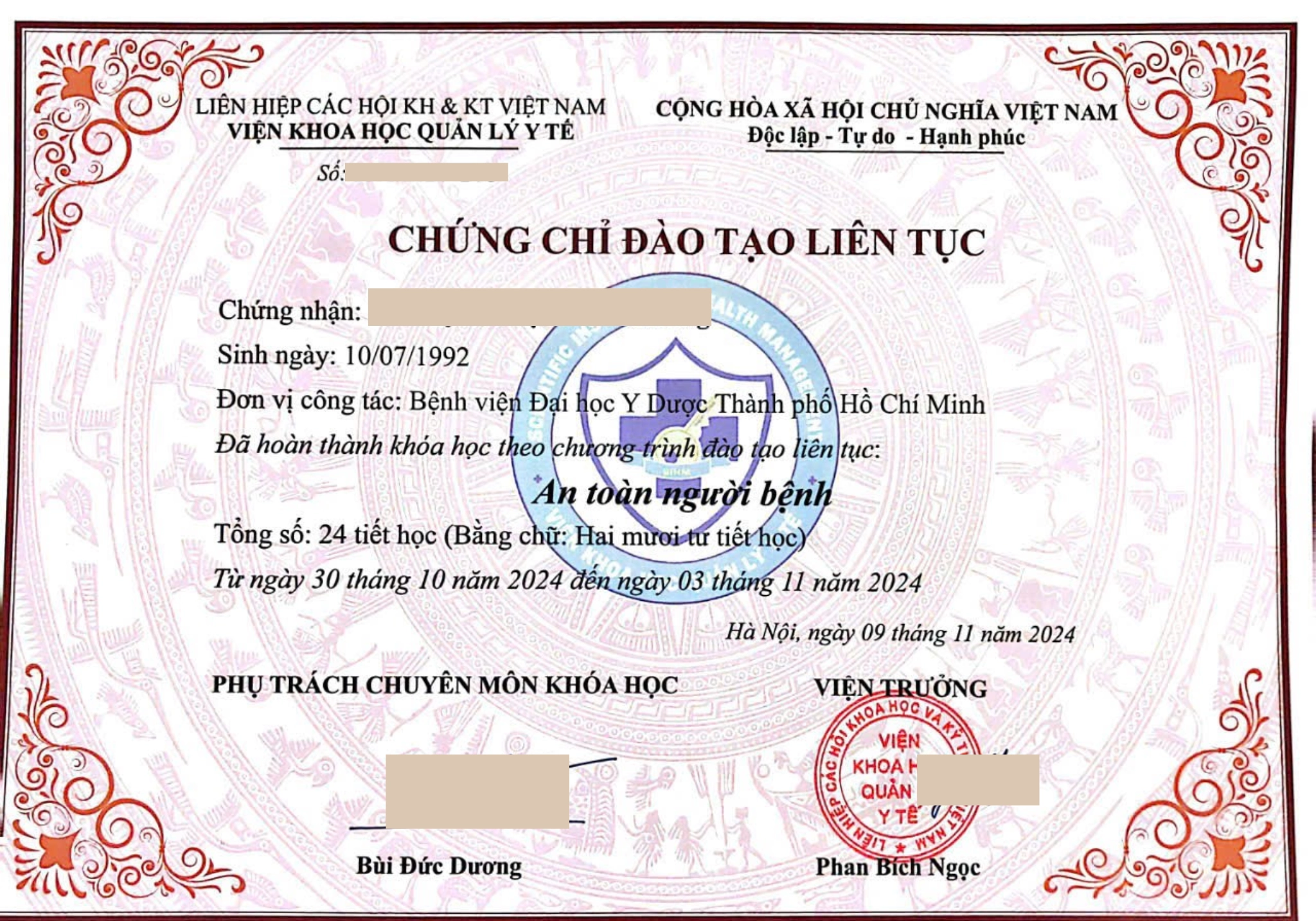 Mẫu chứng chỉ "An toàn người bệnh"