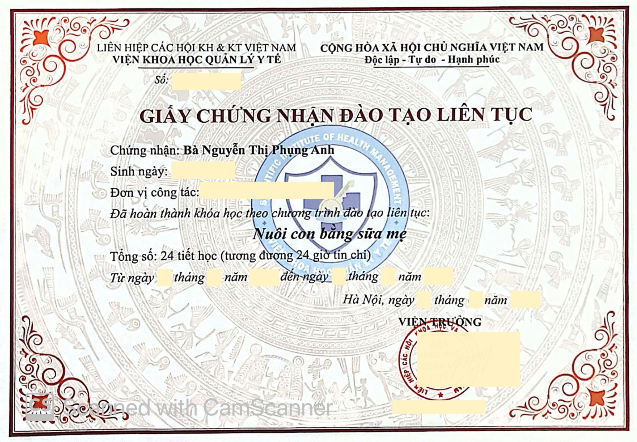 Mẫu chứng chỉ: Nuôi con bằng sữa mẹ