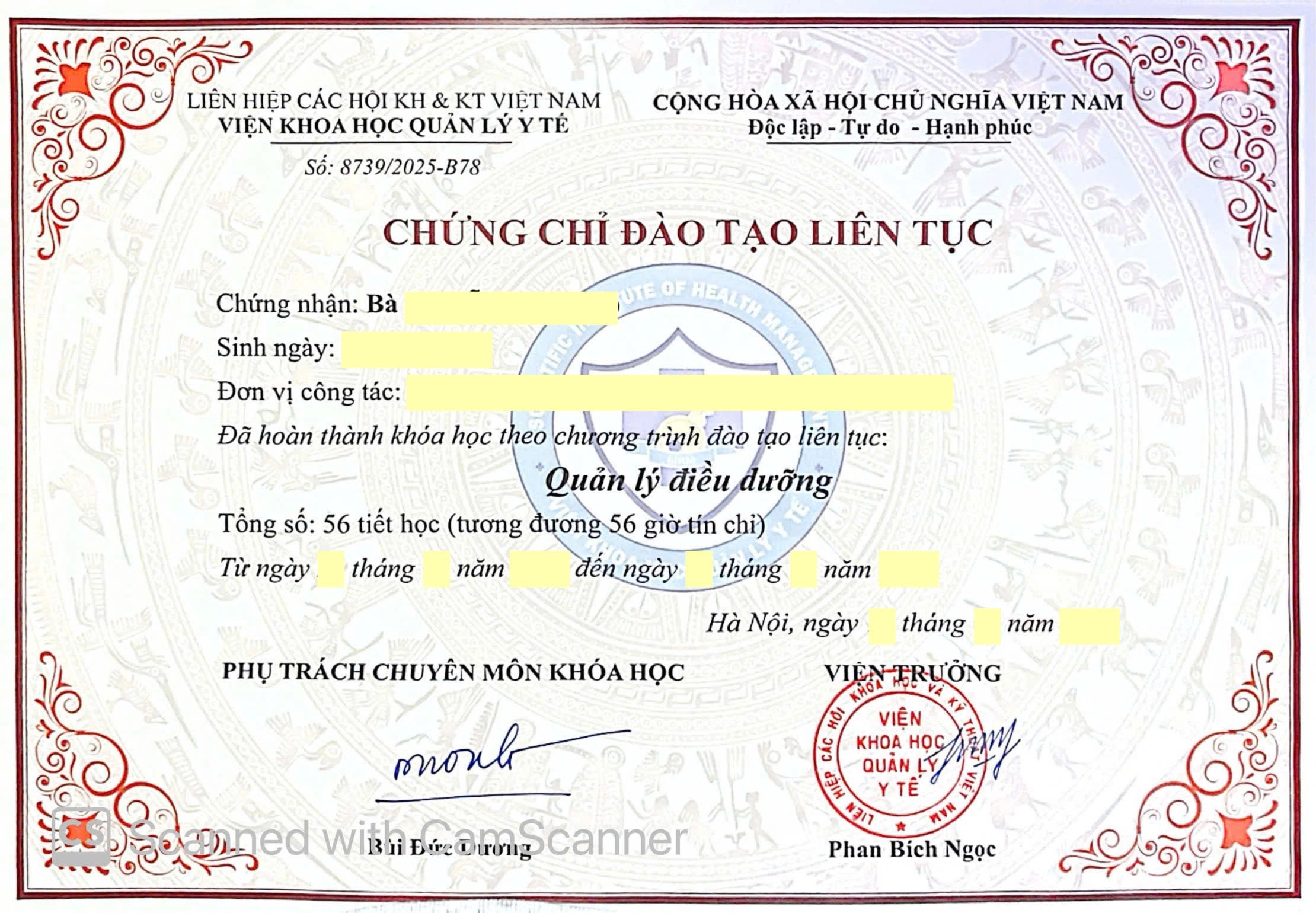 Cấp Chứng chỉ Quản lý điều dưỡng CME theo đúng quy định của Bộ Y Tế.
