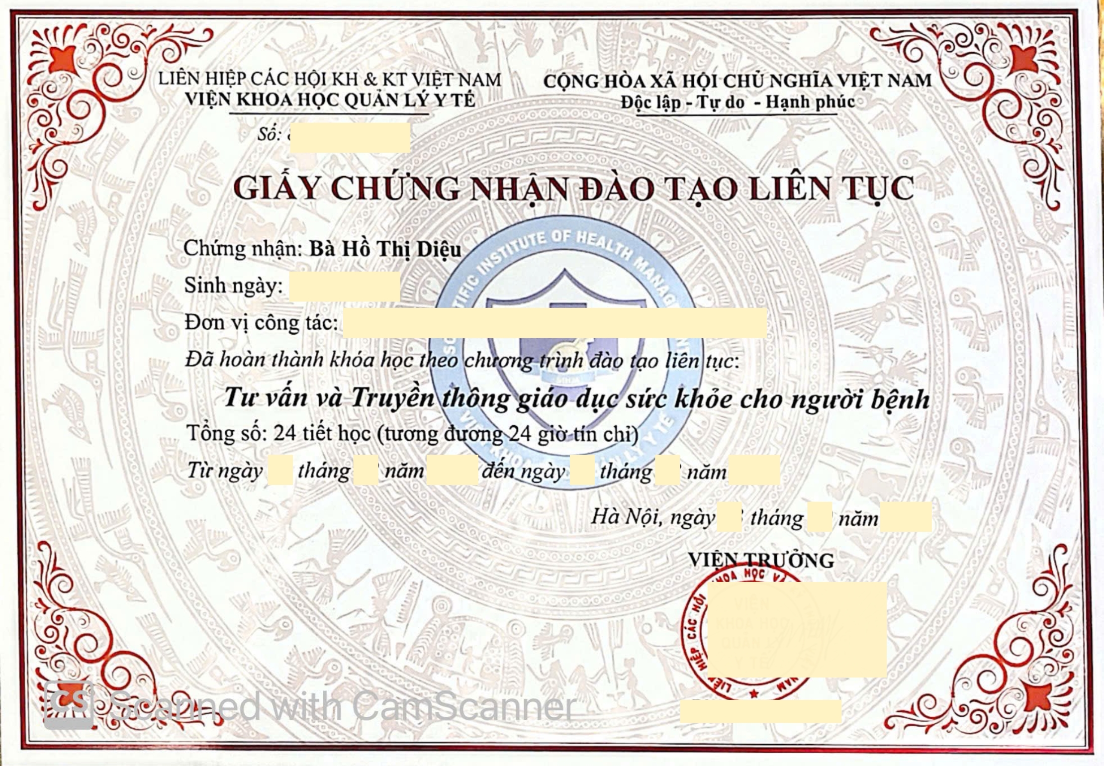 Mẫu chứng chỉ: Tư vấn truyền thông giáo dục sức khỏe cho người bệnh