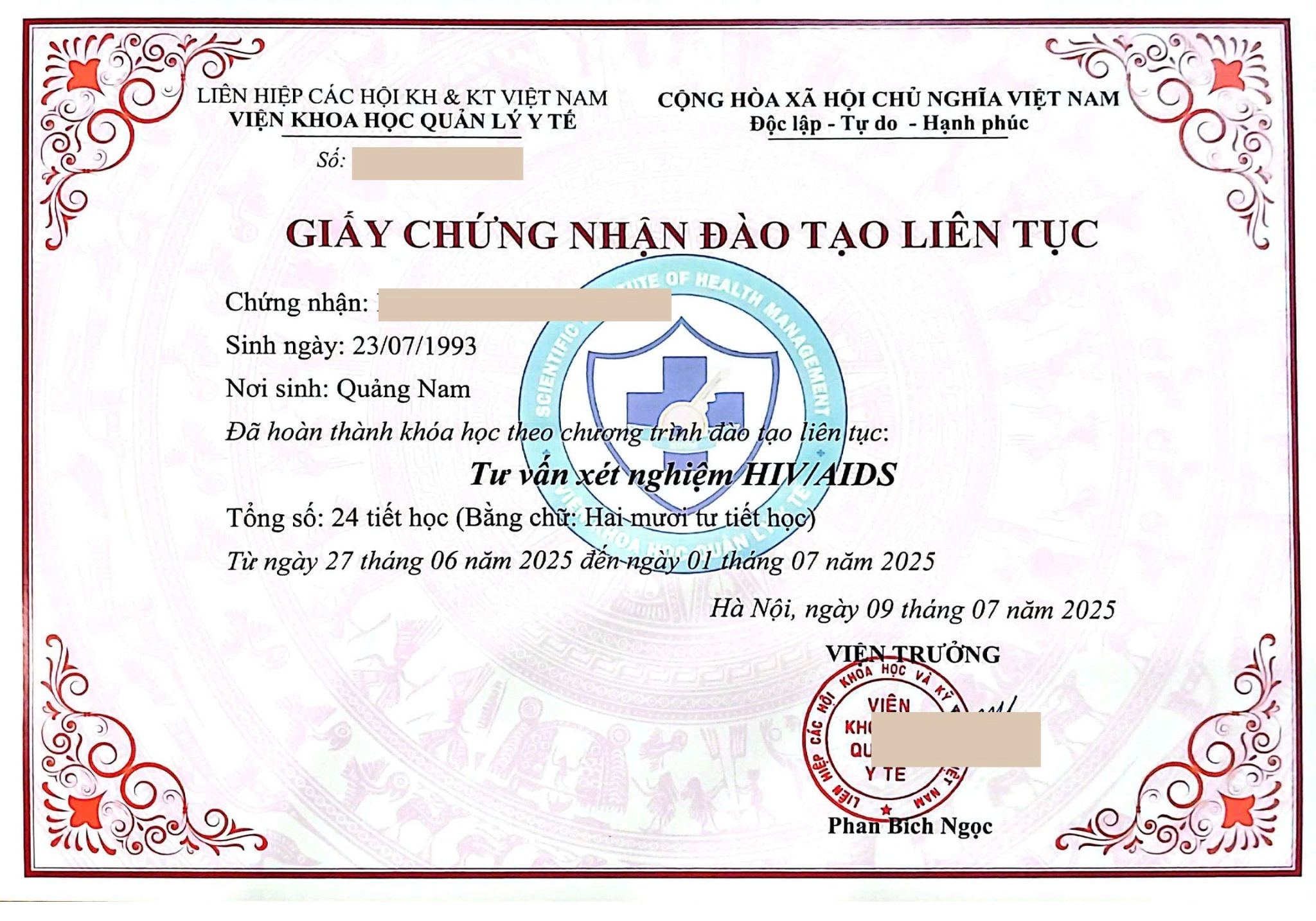 Mẫu chứng chỉ "Tư vấn xét nghiệm HIV/AIDS"