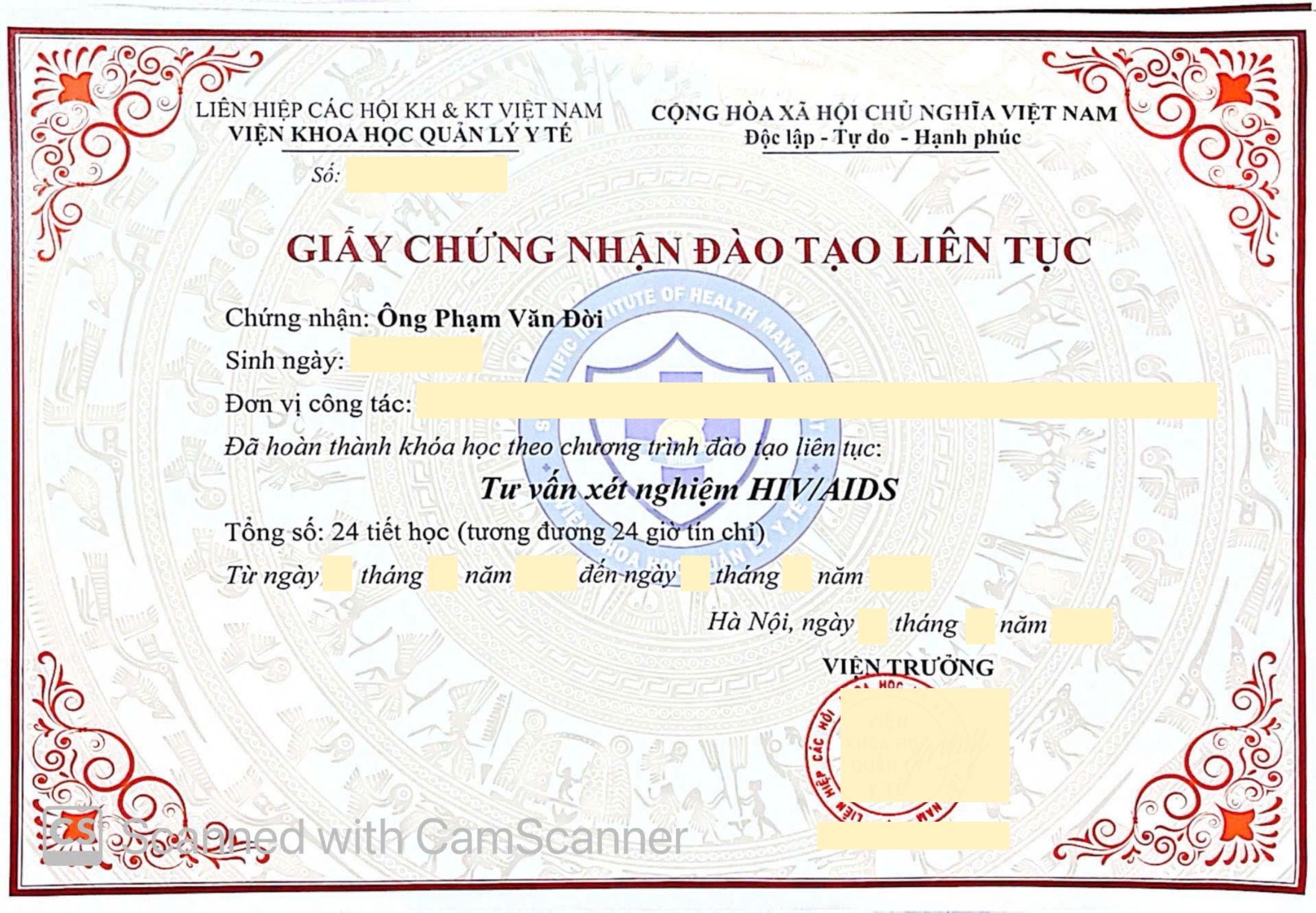 Mẫu chứng chỉ: Tư vấn xét nghiệm HIV/AIDS
