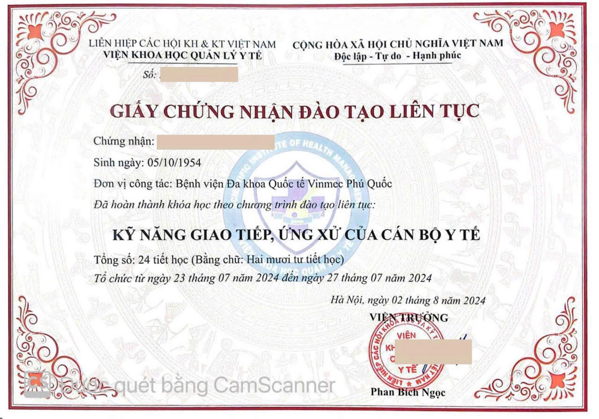Chứng nhận đào tạo liên tục CME - Viện Khoa học Quản lý Y tế