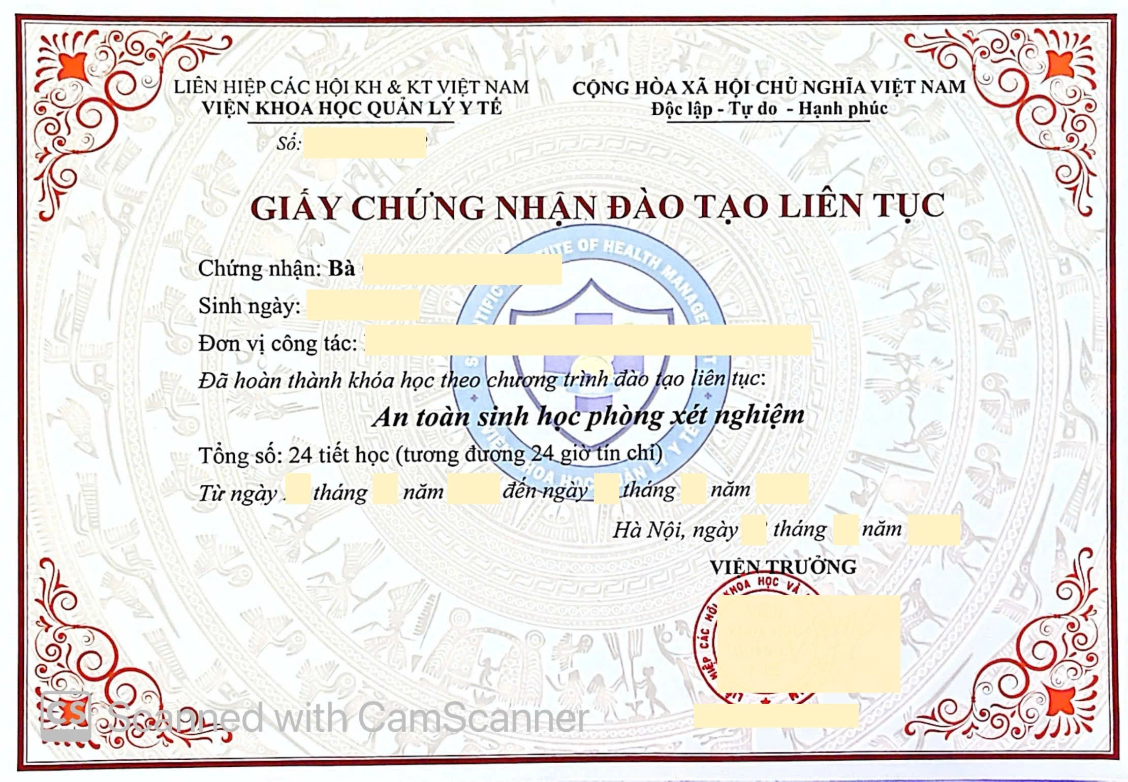 Chứng nhận đào tạo liên tục CME – Viện Khoa học Quản lý Y tế