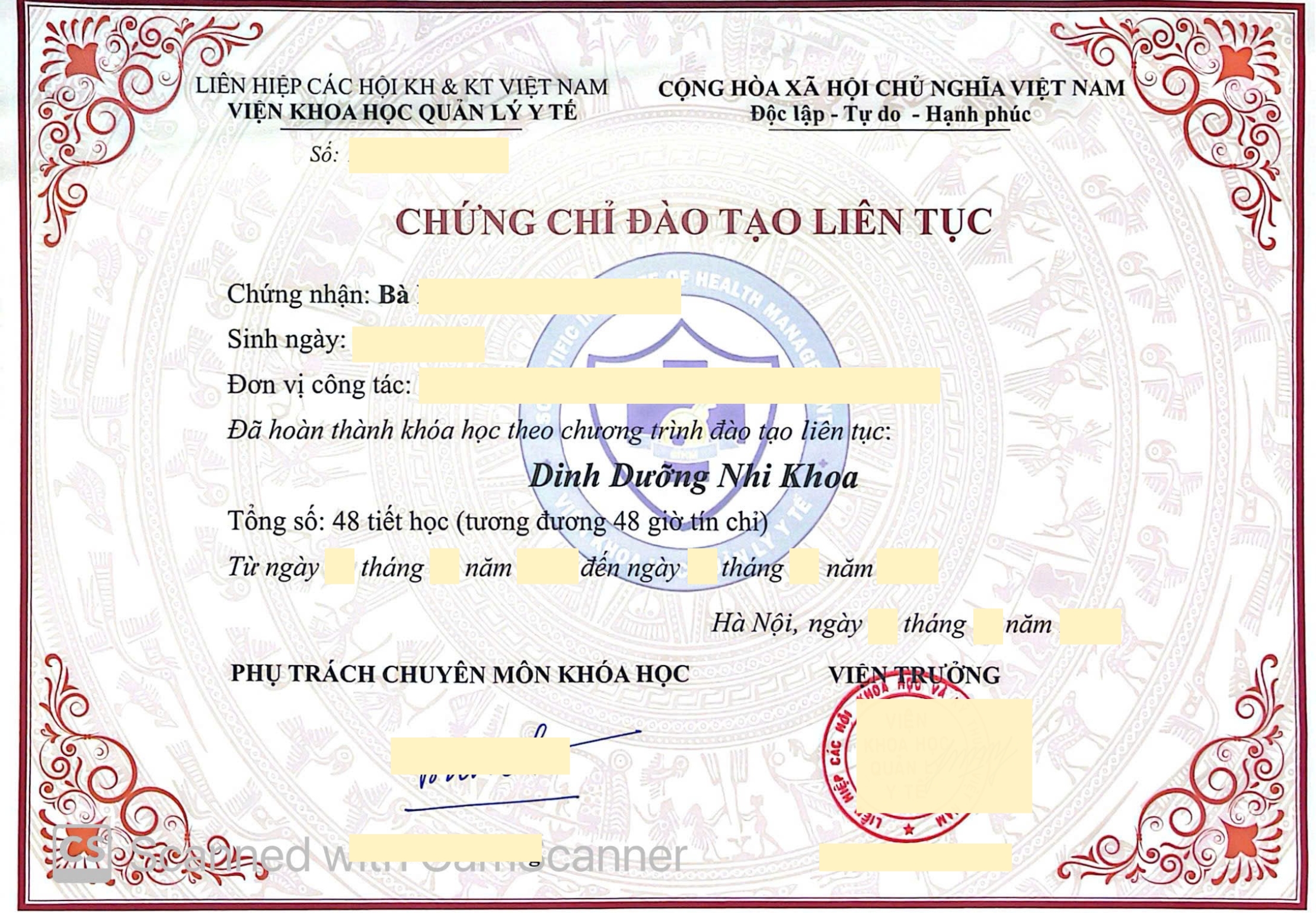 Mẫu chứng chỉ: Dinh dưỡng nhi khoa