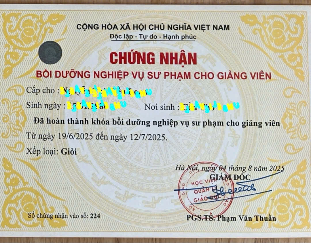 Mẫu chứng nhận khóa Bồi Dưỡng Nghiệp Vụ Sư Phạm cho giảng viên