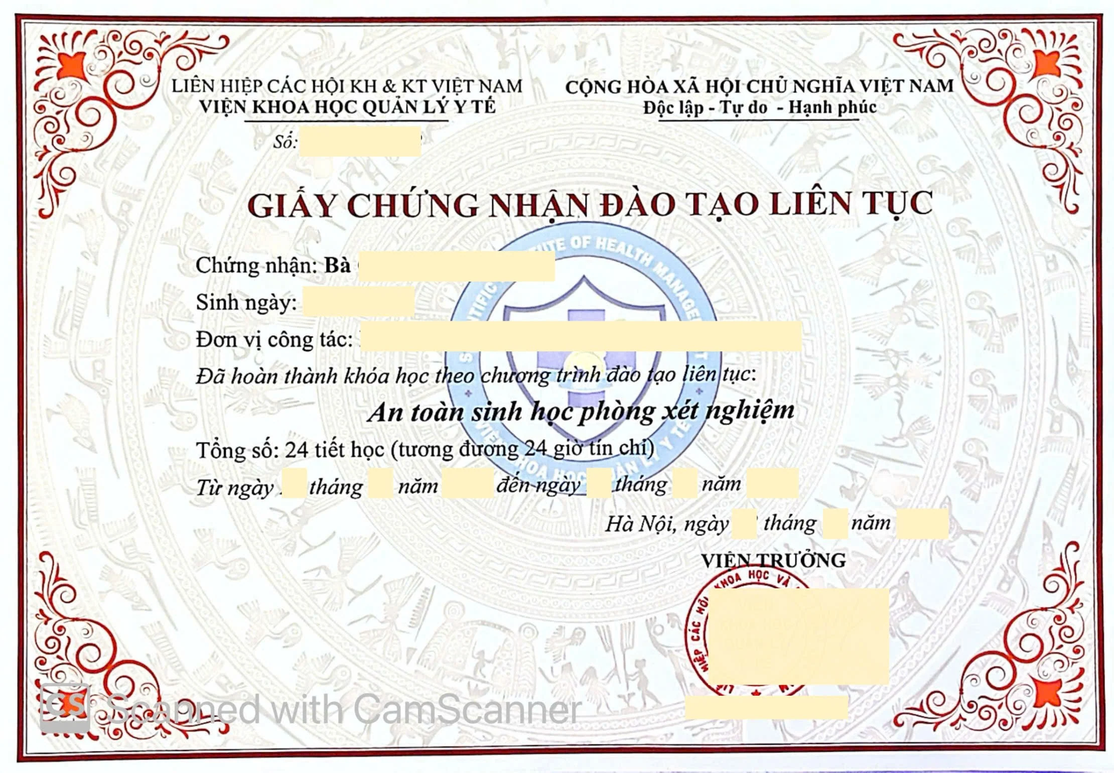 Chứng chỉ "An toàn sinh học phòng xét nghiệm - CME 24 Tiết"