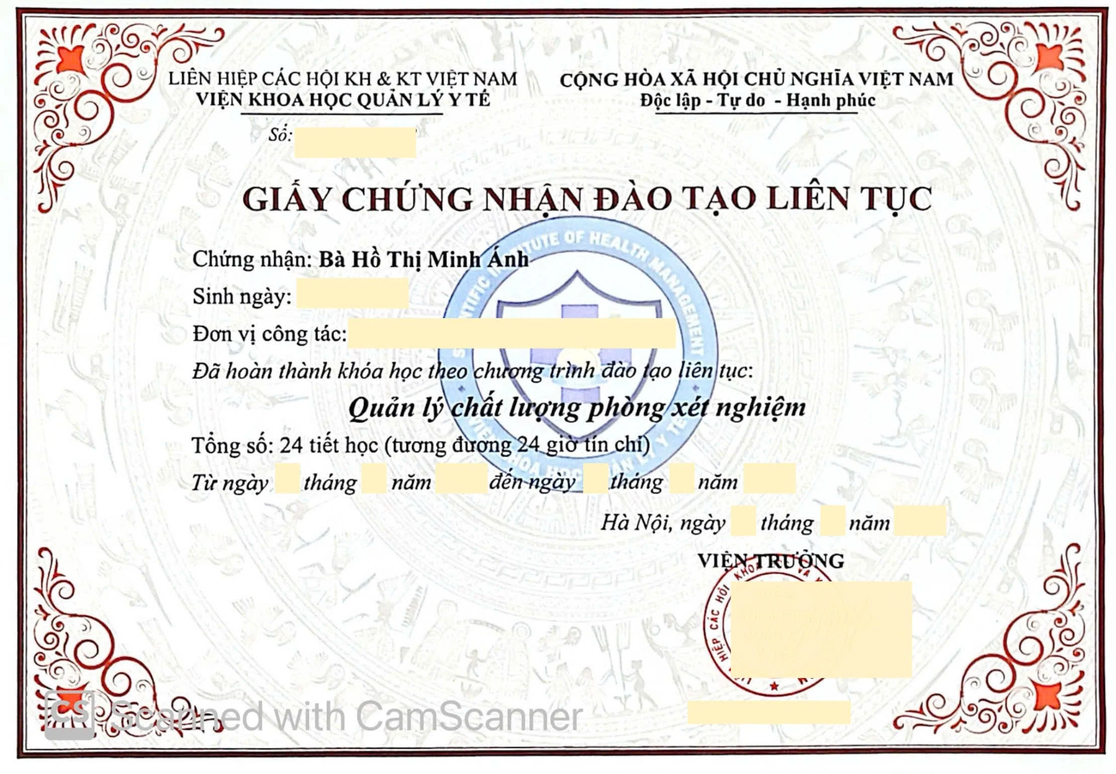 Chứng chỉ "Quản lý chất lượng phòng xét nghiệm - CME 24 Tiết"