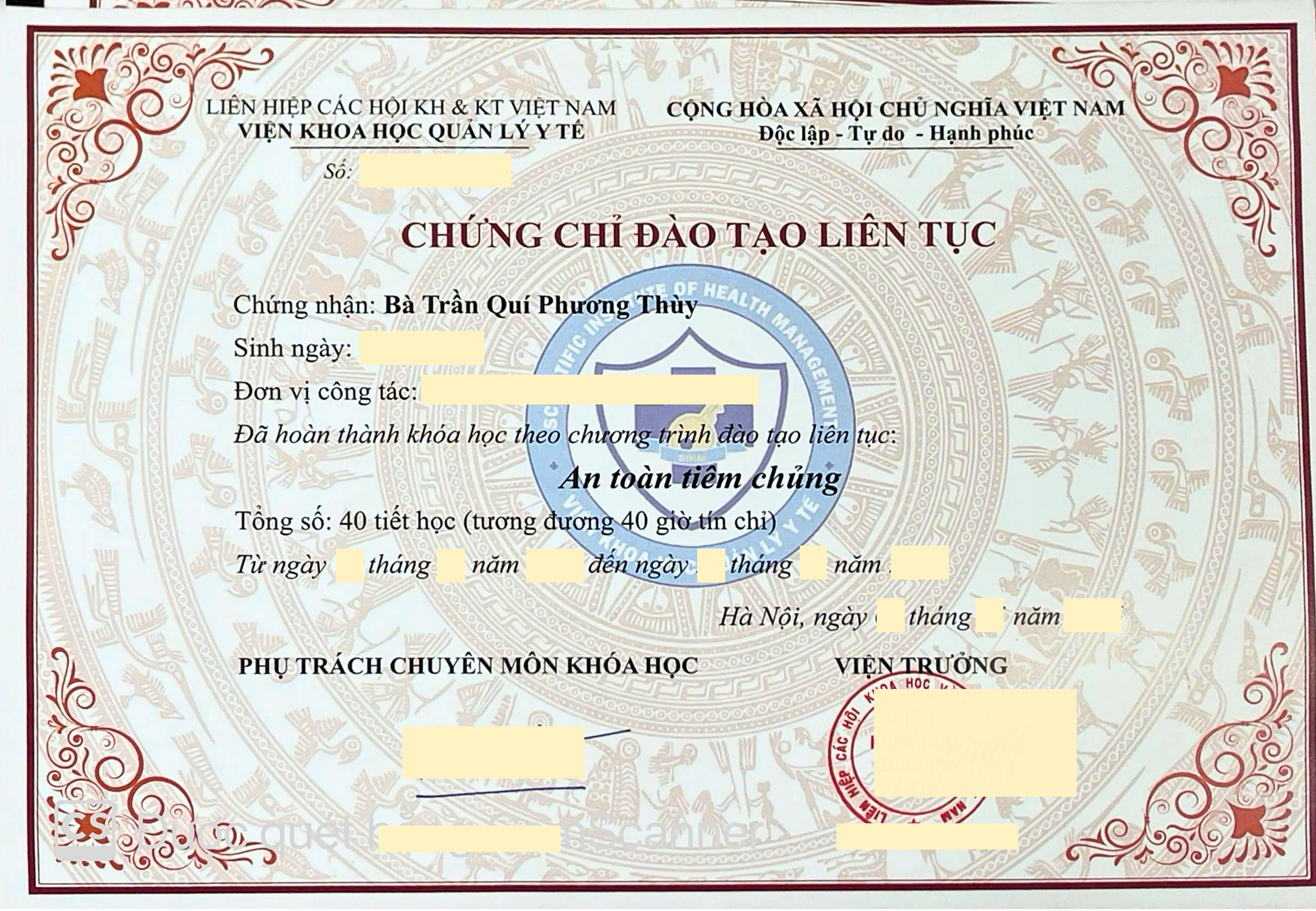 Mẫu chứng chỉ CME An toàn tiêm chủng