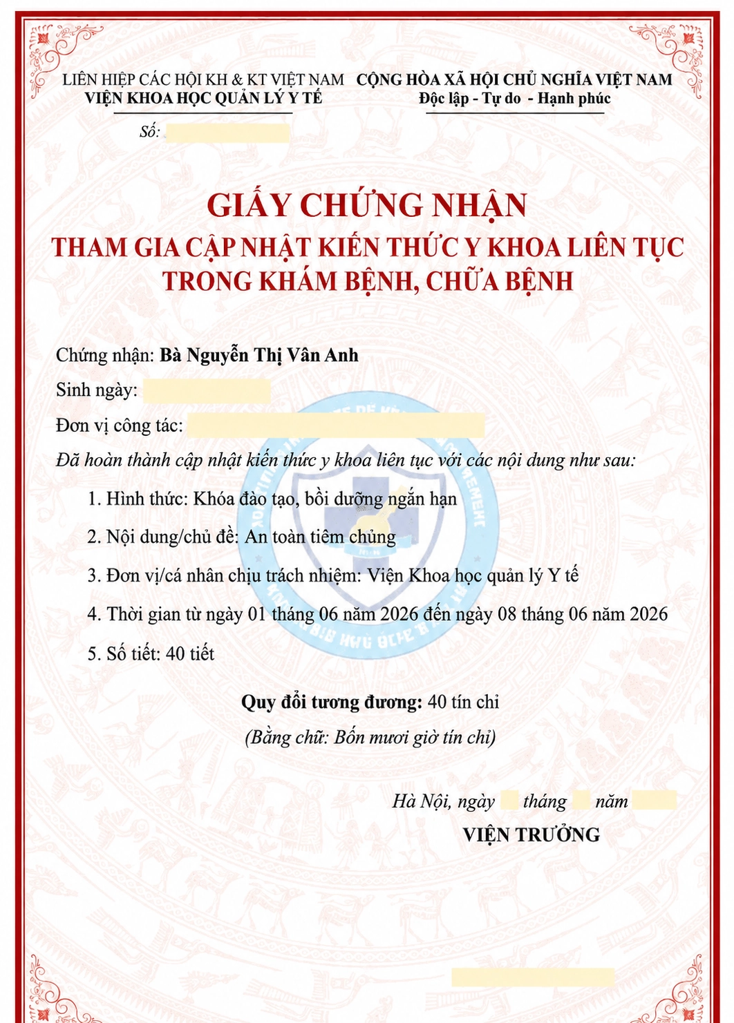 Giấy chứng nhận An toàn tiêm chủng - CME 40 Tiết