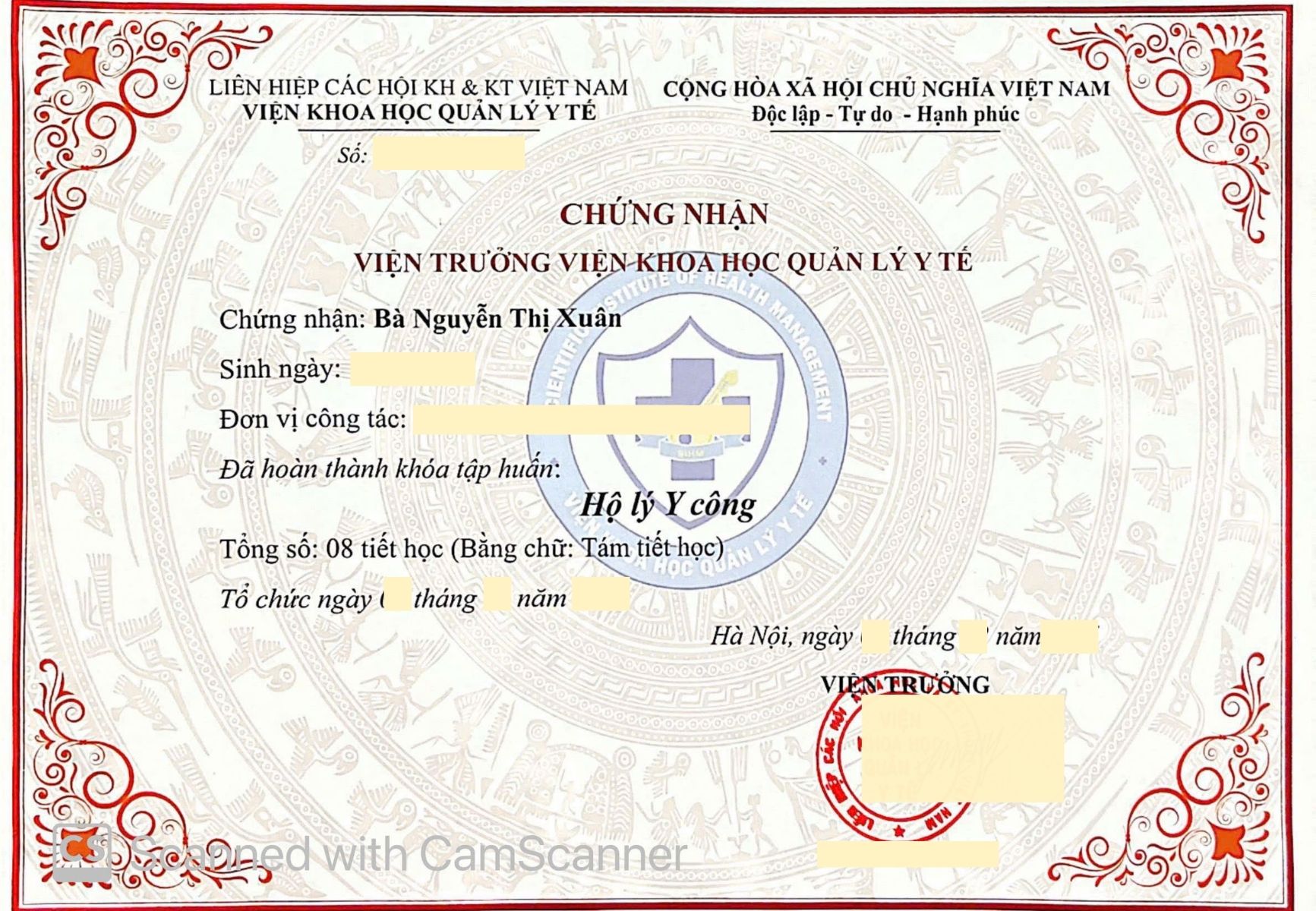 Mẫu chứng chỉ khoá Hộ lý y công